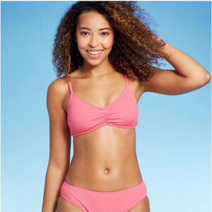 Women's Shirred Ribbed Bralette Bikini Top Pink XL 1 Piece Swimwear